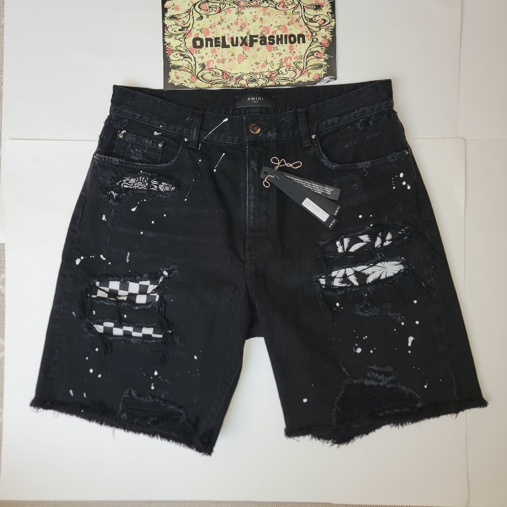 Amiri Denim Patchwork Shorts Jeans patches checkered